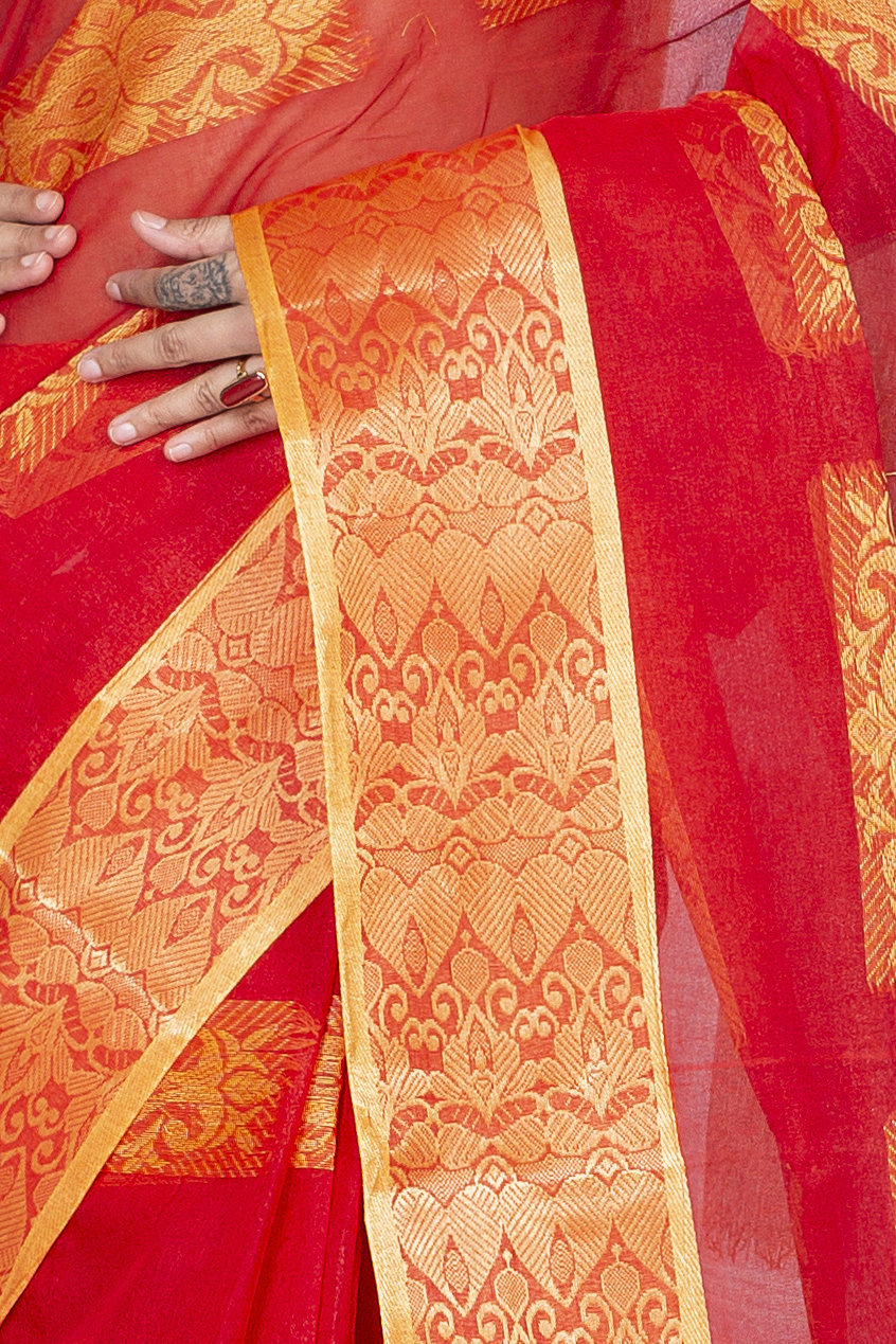 Red Pure Cotton Strip Suparna Tant Saree (165)